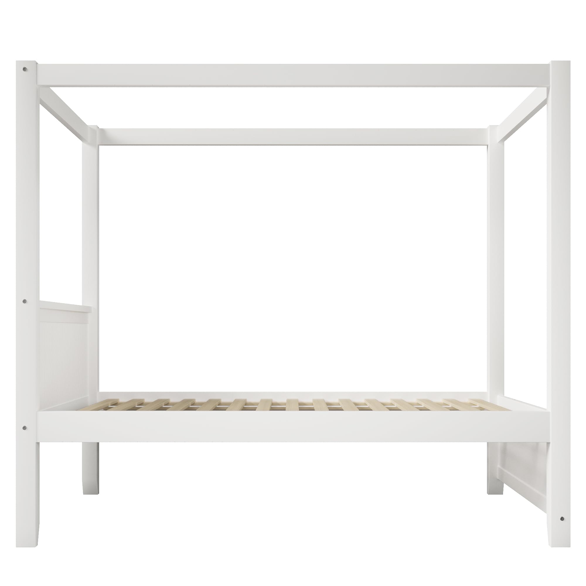 MURUL Himmelbett 90x200 cm Weiß, Massivholz Bett mit Dachrahmen & vertikalen Lamellen, Skandinavisches Design