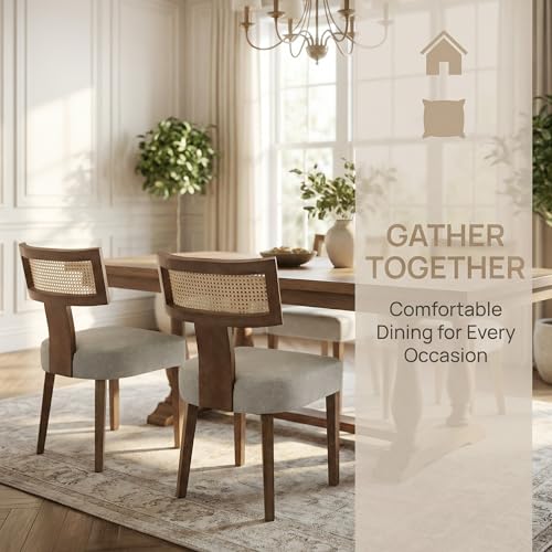Image of HNY Mid Century Modern Rattan Dining Chairs Set of 2, Farmhouse PU Leather Upholstered Accent Chair Curved Backrest Kitchen Chairs, with Hardwood Frame, Grey
