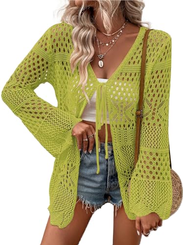 AI'MAGE Kimono de playa para mujer, salida de baño de ganchillo, cárdigan de punto suelto para verano, blusa casual S XXL, Verde Limón, XL