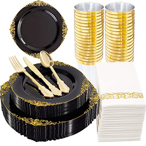 Hioasis 175Pcs Black Plastic Plates With Gold Rim&Gold Silverware For Weddings&Parties,Holiday Events Served For 25Guests-Component By 25Dinner Pates 25Dessert Plates 75Cutlery 25Cups 25Napkins #TOP19