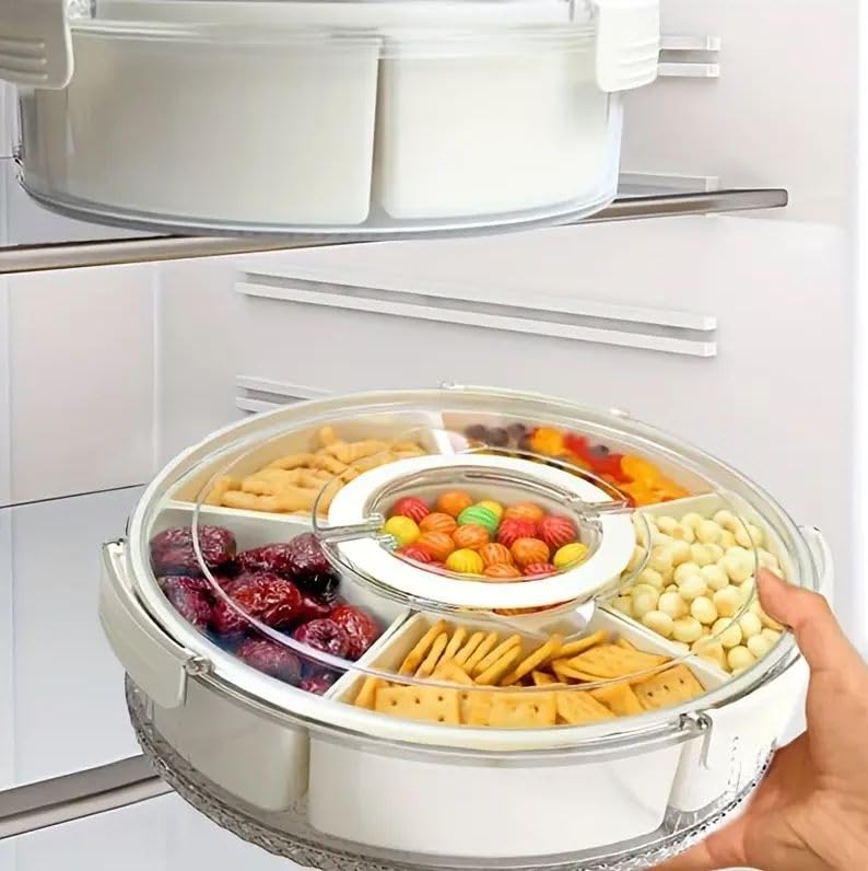 Crobat Portable Containers For Fruit Veggie Candy 6 Divided Serving Tray With Handle Rotatable Snackle Box Container