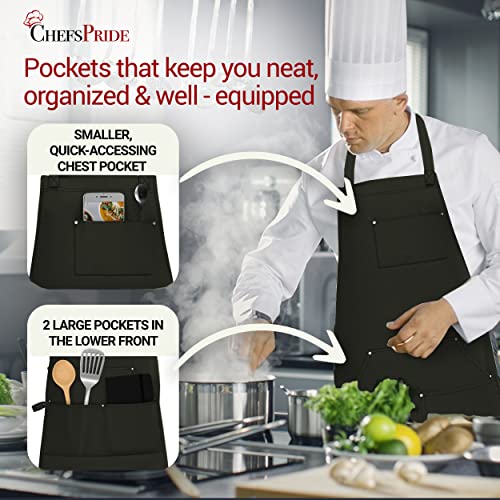 Chefspride Professional Chef Apron For Men & Women - 100% Cotton Adjustable Kitchen Chef Apron With Cross Back & Tool Pockets, Black With Black Straps #TOP2