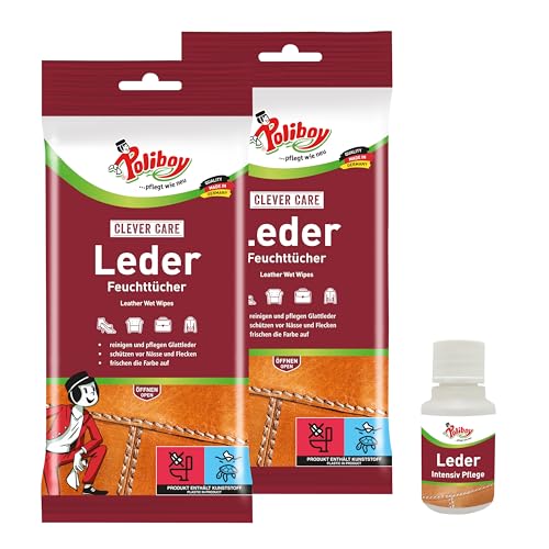 Poliboy Lot de 2 paquets de 20 lingettes humides pour cuir lisse - Pour l'entretien et le nettoyage du cuir lisse - Rafraîchissement des couleurs et...