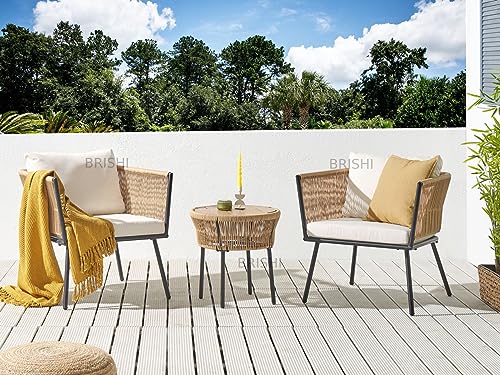 Image of BRISHI Garden Patio Seating Chair and Table Set Outdoor Balcony Garden Coffee Table Set Furniture with 1 Table and 2 Chairs Set with Cushion Braid & Rope (Beige)