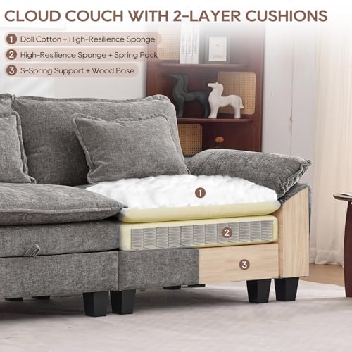 Image of IPKIG 151 inch Modular Cloud Couch with Storage, U Shaped Sectional Sofa with Ottoman & Pillow, Chenille Deep Seat Sectional Couches for Living Room, Apartment, Grey