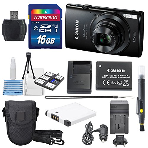 Canon Powershot ELPH 170 IS 20.0MP (Black) With USA Warranty +16 GB SDHC Class 10 Memory Card & AC/DC Turbo Travel Charger + Extra Battery (NB-11L) + Mini Tripod Along With a Deluxe Cleaning Kit