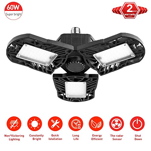 HOLDPEAK LED de Luz con Sensor de Garaje, 60W 6000LM 4500K E26 LED de Iluminación del Garage, Luces de Techo del Garaje con 3 Paneles Ajustables para Garaje para Taller