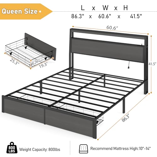 Image of Queen Bed Frame with 2 Storage Drawers, Queen Size Bed Frame, Rustic Grey | LED Light, Charging Station, Wood Headboard, Metal Platform, No Box Spring Needed, Noise Free, Easy Assembly