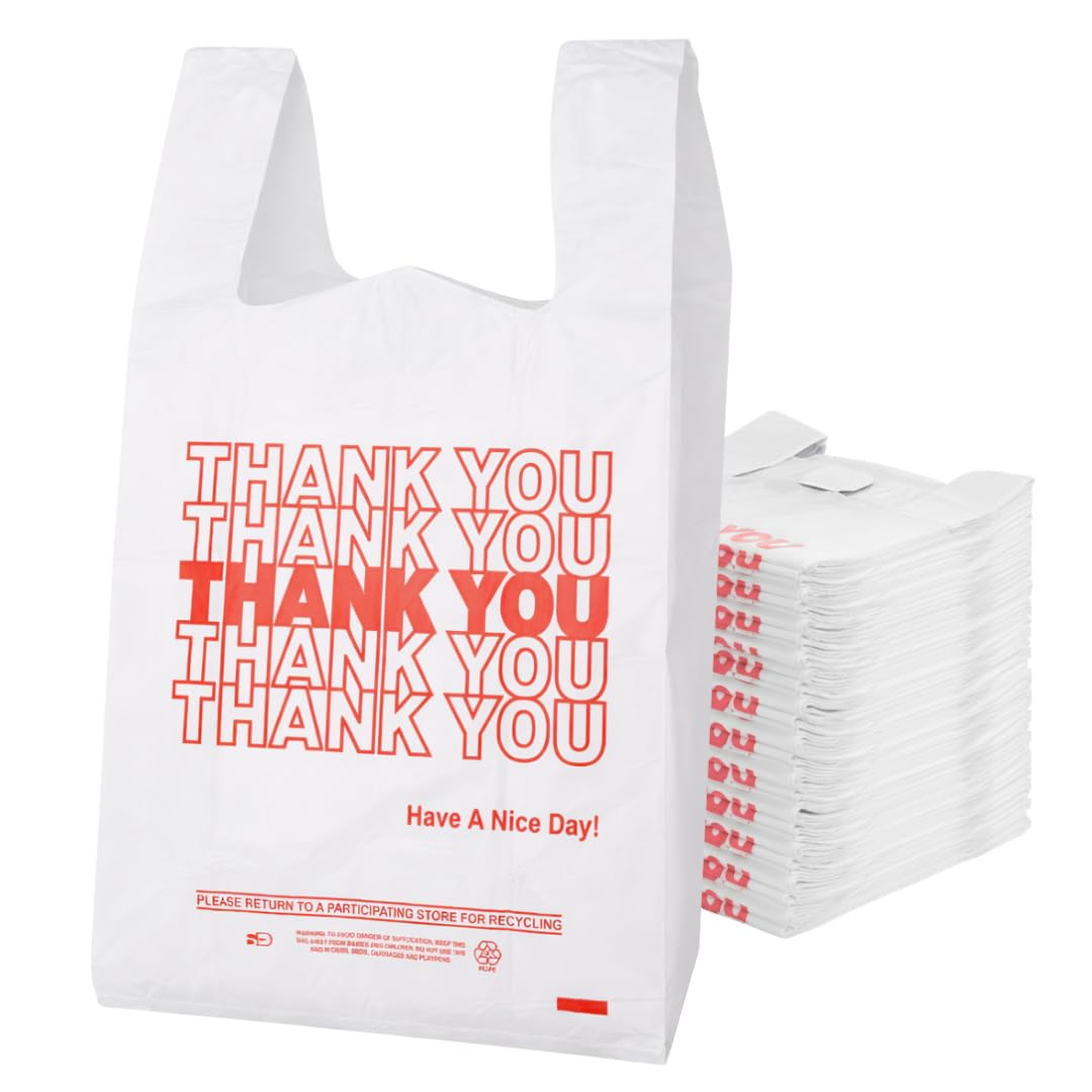 ASSUREPAK Easy Open - 1000 Bags - White 'Thank You' HDPE T-Shirt Bags – 1/8 BBL Size 10"x5"x18" – 13 Microns – Thank You Shopping Bags for Retail,