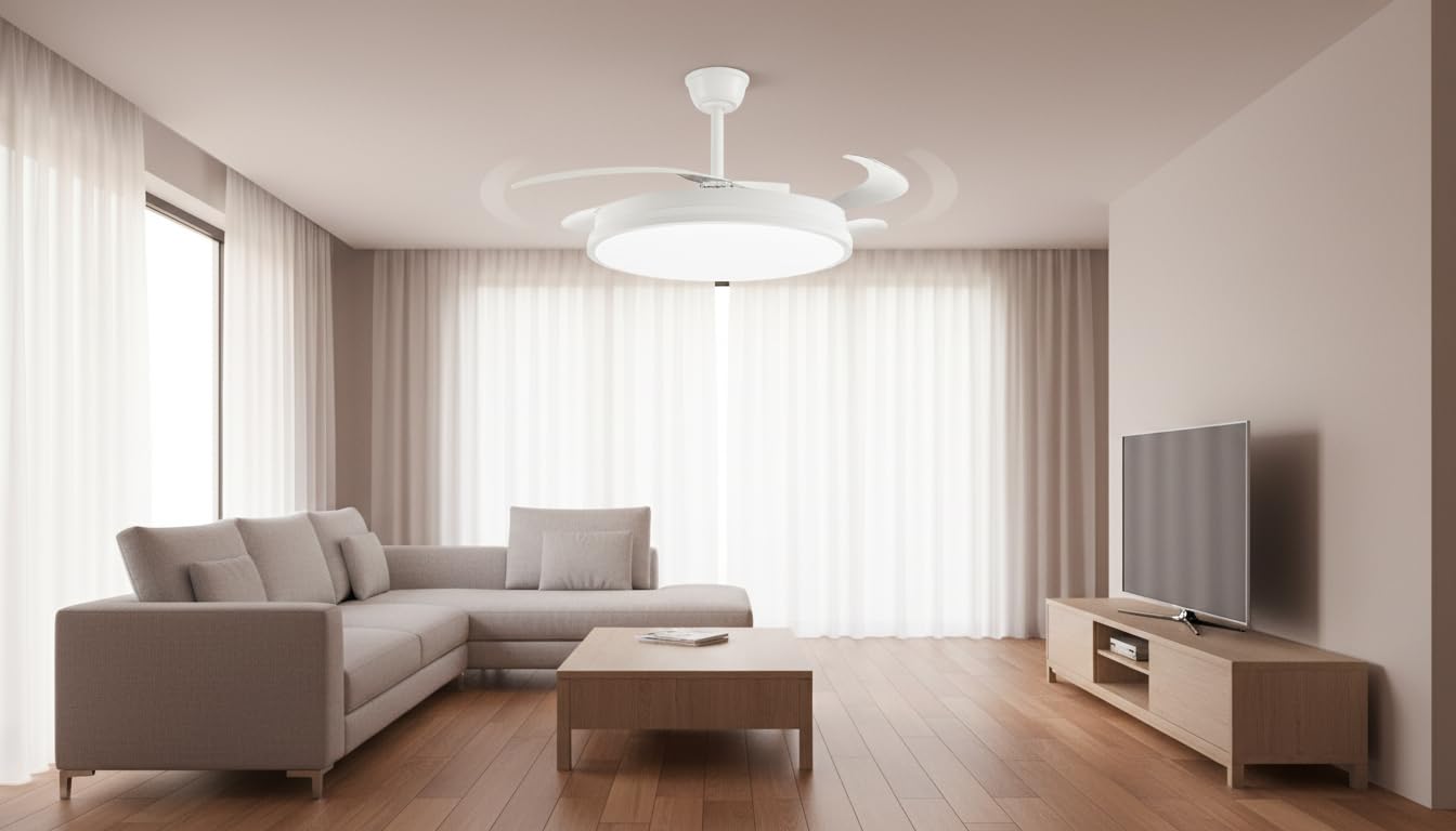 Ventilador de Techo LED, Blanco, con Mando a Distancia y Temporizador – 3 Aspas Transparentes, Motor DC, 6 Velocidades, 4900 lm, 3 Tonos de Luz (3500K/4000K/6500K), Ø107 cm, MD1401