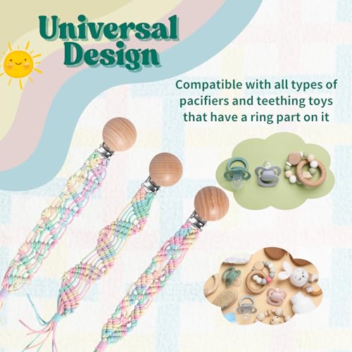 Image of Boho Pacifier Clip for Boys Girls Pacifier Holder Leash Wooden Clips Handmade Braided Cotton Unisex Baby Shower Birthday Gift Christmas Gift (Rainbow - Pattern 5)
