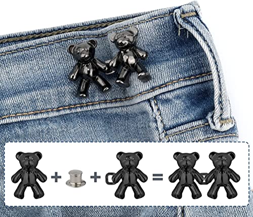 Image of 2pcs Cute Bear Button Pins for Jeans Adjustable Teddy Bear Button Pins Waist Buckle for Loose Jeans Pants, Detachable Buttons for Jeans Waist Buckle No Need Sewing Waist Tightener Clip (Bear Black)