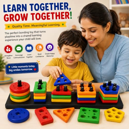 Image of PLUSPOINT Shape Stacking Board Toy, 26-Piece Montessori Shape Sorting Puzzle, Educational Learning Toy for Kids, Color & Shape Recognition, Counting, Fine Motor Skills, Hand-Eye Coordination