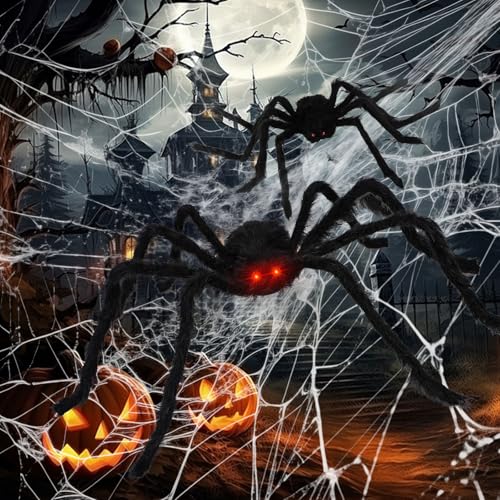 ZSYIULIA Set di decorazioni per ragni giganti, realistici, spaventosi, grandi, pelosi, neri, per interni ed esterni, portico e feste in cortile, casa infestata di Halloween (ragno nero)