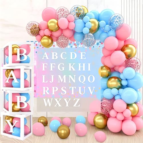 4PCS Balloon Boxes with 30 Letters (BABY+A-Z) Custom Baby Box for Baby Shower Decoration Neutral Gender Reveal Box with White Balloons Boxes & Letter for Birthday Party Christening Prom