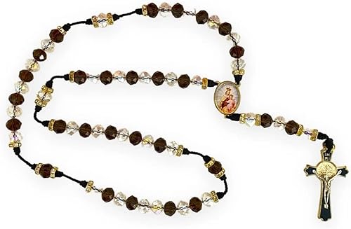 Nuestra Señora del Carmelo Virgen María Medalla de Cristal Marrón Claro Collar Rosario Regalo Religioso Católico Virgen del Carmen Rosario Cristal,