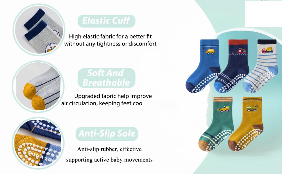 Image of WKLOUYHE Kid's Boy's Cotton Anti Slip Grip Socks(Colors & Print May Vary) (Pack of 5) Multicolour