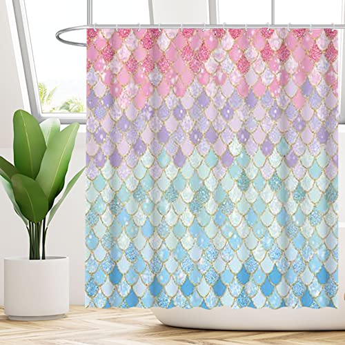 Allenjoy 72"X72" Mermaid Scales Shower Curtain For Bathroom Ocean Under The Sea Pink And Blue Girl Home Bath Decors Durable Waterproof Fabric (No Glitter) Machine Washable With 12 Hooks #TOP1