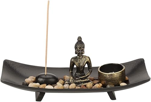 Estatua de Buda Zen Garden Buddha Estatua de Buda de mesa, adorno de Feng Shui con vela de bronce y soporte de incienso para decoración de sala de