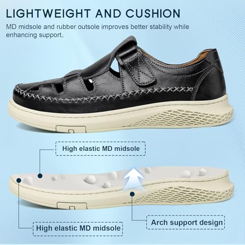 MAIZUN Men's Leather Sandals Outdoor Casual Closed Toe Sport Sandals Summer Fisherman Beach Shoes with Adjustable for Athletic Hiking Walking3