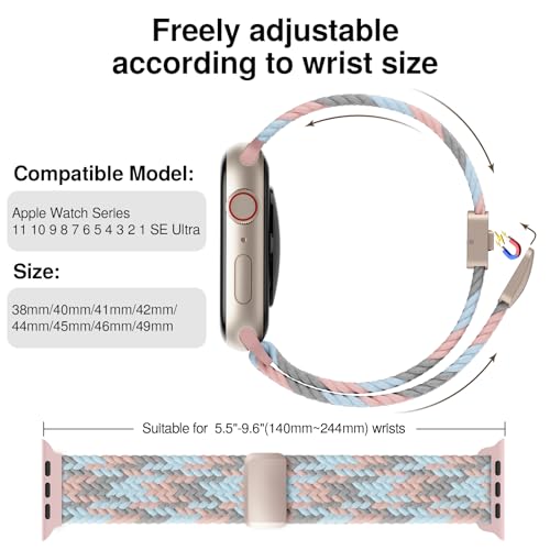 Image of Braided Stretchy Band Compatible with Apple Watch Bands 38mm 40mm 41mm 42mm 44mm 45mm 46mm 49mm Women Men, Soft Nylon Solo Loop Magnetic Sport Strap for iWatch Series 11 10 9 8 7 6 5 4 3 2 1 SE Ultra