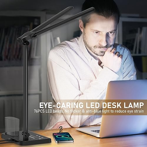 Image of Dimmable LED Desk Lamp with USB Charging Port, 50 Lighting Modes Dual Swing Arm Architect Table Lamp Light Desk Lamp for Home Office Dorm Piano Nail