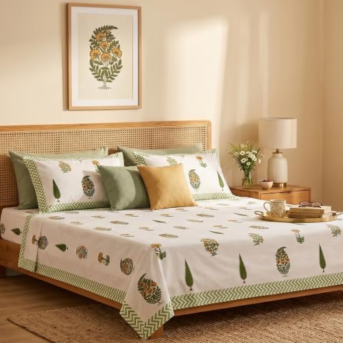 Image of Naksh Bedsheet for Double Bed King Size Minimal Botanical Print 2 Pillow Covers | Minimal Botanical Print in Bedsheet Double Bed | Fresh Contemporary King Bed Design | Royal Sajawat Collection |