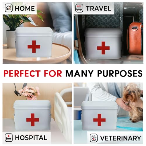 Image of Plexon 8.5 inch Metal First Aid Box Empty, Medicine Storage Bin with Lid, Emergency Supplies Organizer, Portable First Aid Kit Case, White