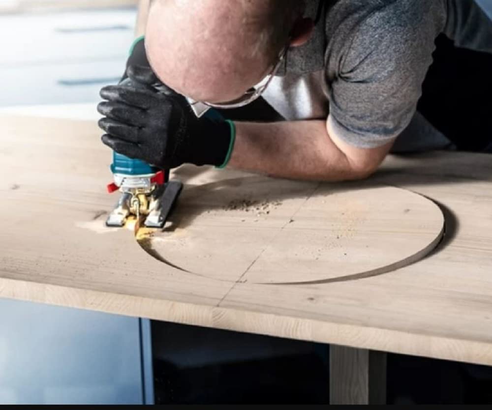 Bosch Professional Stichsäge GST 90 E (1x Sägeblatt, Absaug-Set, Spanreißschutz, im Koffer) + 3x Stichsägeblatt Set Expert Wood 2-Side Clean (für Sperrholz, Massivholz-Möbelplatte, 117 mm, Zubehör)
