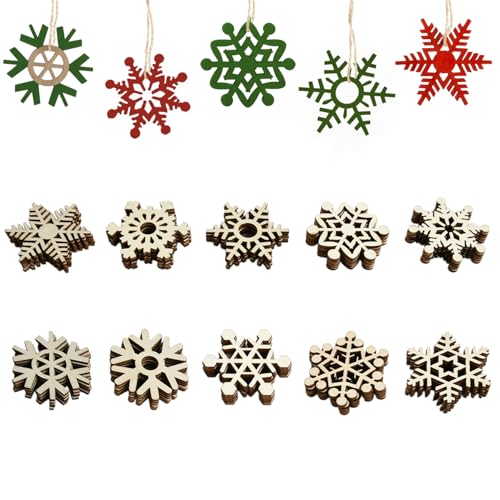 50 Pieces Flocons de Neige en Bois, Pendentif Flocon de Neige en Bois Inachevé, 10 Modèles Boiss...
