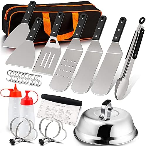 Leonyo Griddle Accessories 16 PCS, Heavy Duty Stainless Steel Grill Griddle Metal Spatula for Cast Iron Flat Top Teppanyaki Hibachi Hamburger Cooking, Carry Bag, Chef Gift, Melting Dome, S Hook 