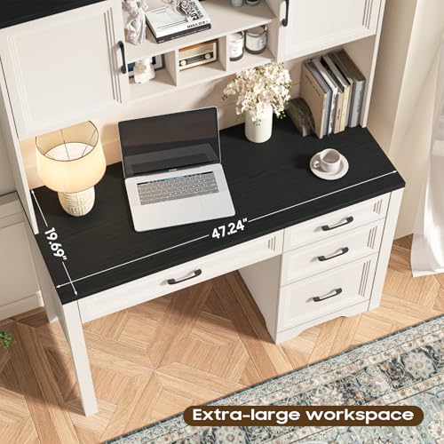 Image of Vabches Farmhouse Executive Desk with 4 Drawers and Storage Cabinet, Rustic Large Home Writing Desk with Hutch, Workstation for Bedroom, Black.
