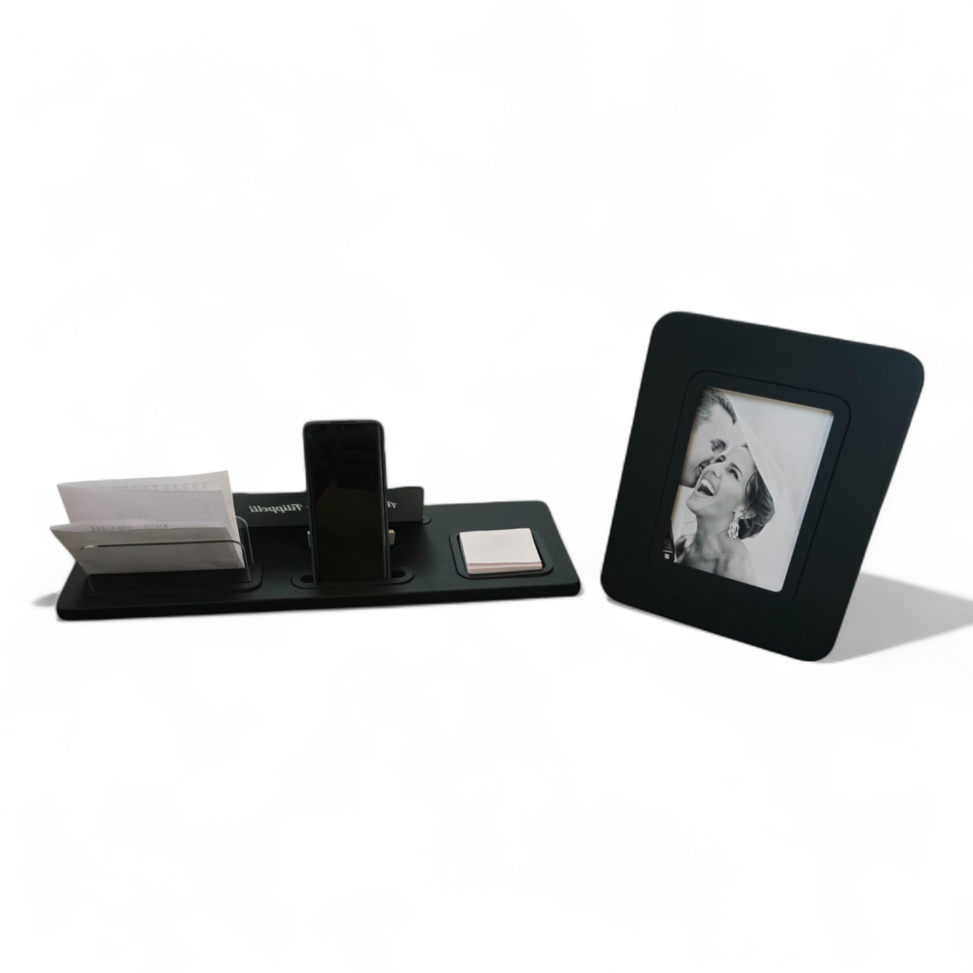 Juego de escritorio, 5 en 1 organizador de escritorio con soporte para smartphone, tarjetero, porta tarjetas, caballero personalizado + portafotos para oficina y casa (PU negro)