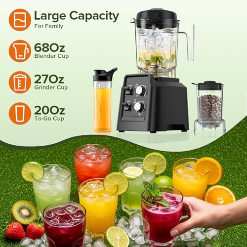 Blender for Smoothies, Professional Countertop Blenders with Self Cleaning, Ice Crush &amp; Frozen Fruits, Dishwasher Safe Jar, 6 Blades for Silky Shakes and Drinks
