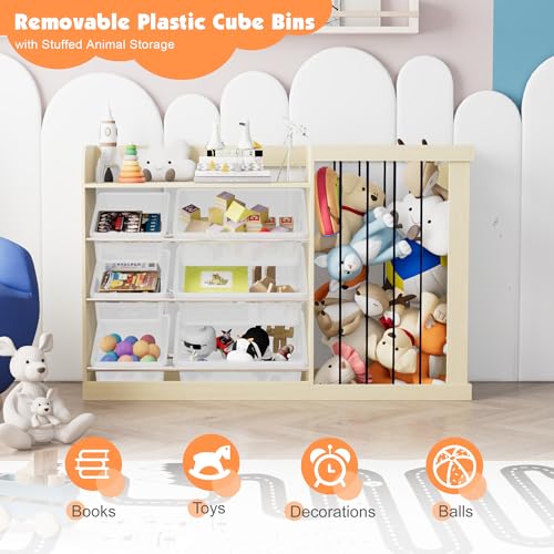 Image of Naches Kids Toy Organizer and 4-Tier Montessori Bookshelf with 6 Bins, 3-in-1 Toy Shelves and Stuffed Animal Storage for Playroom, Nursery, Baby Room (Burlywood)