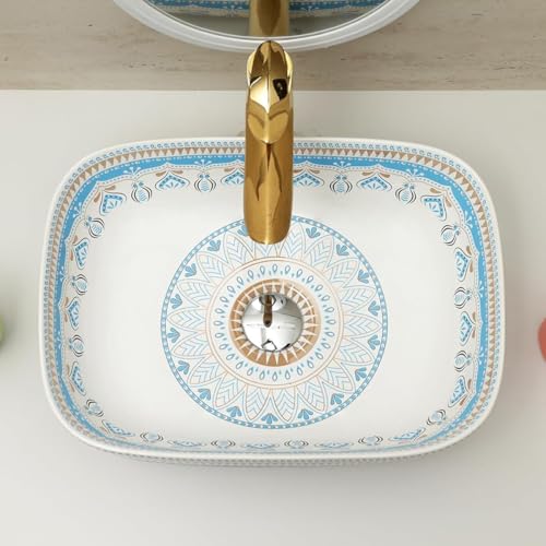 Image of Archstone Wash Basin for Bathroom -1 Year Warranty- Tabletop Washbasin - Ceramic Glossy Rectangle Designer Moroccan Countertop Vessel Sink, Dining Hall & Vanity 33x45x14.5 cm (Sky Gold Moroccan)