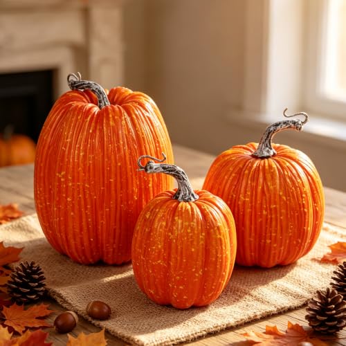 Image of winemana Artificial Pumpkins Fall Decor Orange Foam Pumpkin, 3 Pack | Assorted Sizes for Thanksgiving Table Centerpiece, Indoor Home Mantel Porch Autumn Harvest Decorations