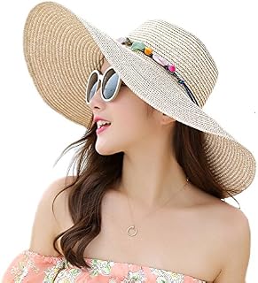 Adrinfly Women Foldable Floppy Wide Brim Straw Sun Hat Travel Packable Adjustable Summer Beach Accessories Hat UV UPF 50+