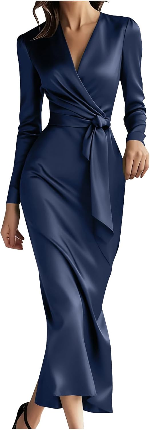 Women's Satin Dress Long Sleeve Cocktail Evening Wedding Guest A Line Long Dresses V Neck Ruched Bodycon Maxi Dress