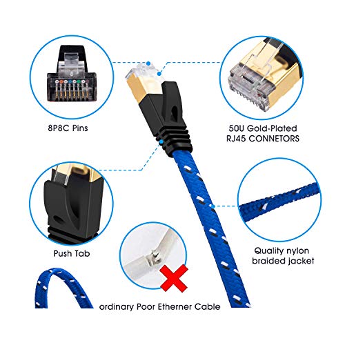 Cat 7 Ethernet Cable 30Ft,Cat7 Ethernet Ultra Flat Patch Cable For Modem Router Lan Network - Built With Gold Plated & Shielded Rj45 Connectors And Nylon Braided Jacket(30Ft/10M) #TOP5