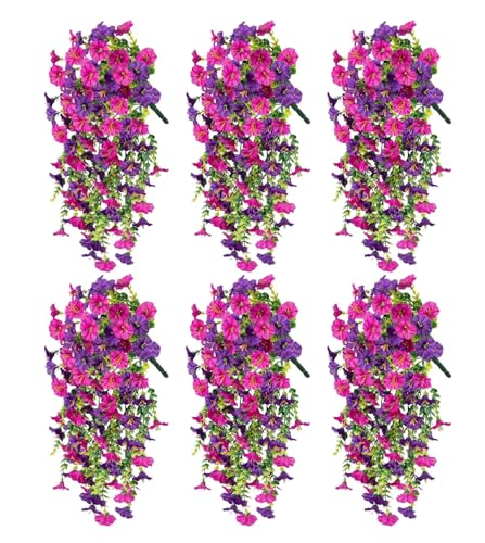 Artificial Flowers for Outdoors 6-Pack 420 Blooms UV Resistant Hanging Morning Glory Silk Flowers Vines Realistic Fake Plants Outside Decroation for Porch Patio Balcony Yard Garden (Purple + Lotus)
