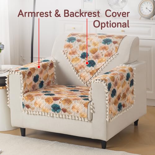Image of HOKIPO Boho Wildflower Quilted Sofa Cover Mat with Tassels for 1 Seater 'Tassel Twigs' Series (IN-982-T11)