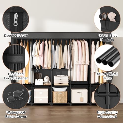 Image of Vicye Black Fabric Wardrobe Closet Wardrobe Closet with Cover 3 Clothes Rails