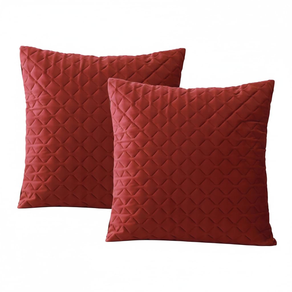 Makooz Maroon Quilted Velvet Cushion Covers 18X18 Inch Pack Of 2 - Invisible Zipper Soft Decorative Square Throw Pillow Covers - Home Decor Luxury Pillowcase For Sofa Couch Livingroom Bedroom- 45X45cm