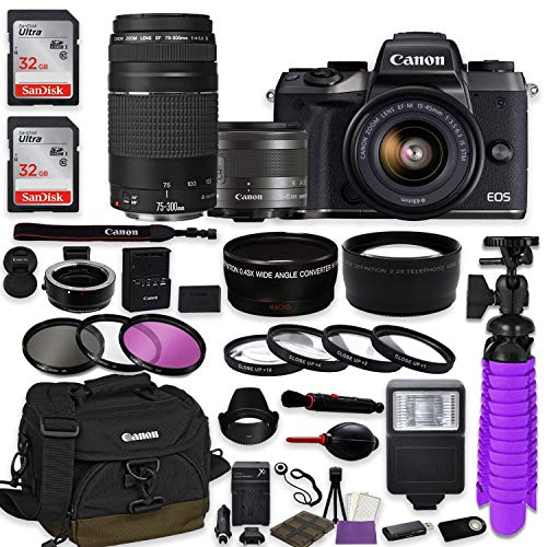 Canon EOS M5 Mirrorless Digital Camera (Black) Bundle w/Canon EF-M 15-45mm is STM & EF 75-300mm f/4-5.6 III Lenses + Auto (EF/EF-S to EF-M) Mount Adapter + Canon Water Resistant Case + Accessories