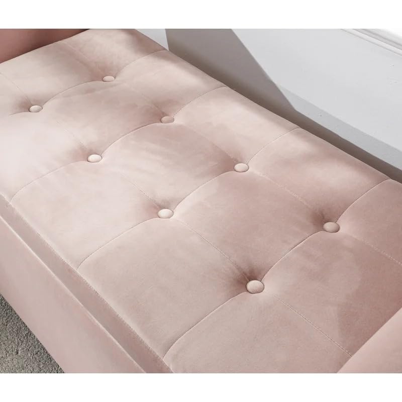 Image of Velvet Upholstered Storage Bench with Arms for Bedroom & Living Room | Tufted 2 Seater End of Bed Ottoman Bench with Hidden Storage | Modern Entryway Seating Sofa Bench with Armrest, Blush Pink