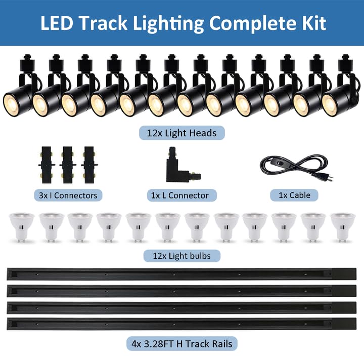 Image of 12PCS Black GU10 Track Light Heads,10W 3CCT, H Type 13.1FT Rails | Black GU10 LED track light heads with 10W replaceable bulbs, 3CCT adjustable, matched with 13.1FT H type track rails. Suitabl