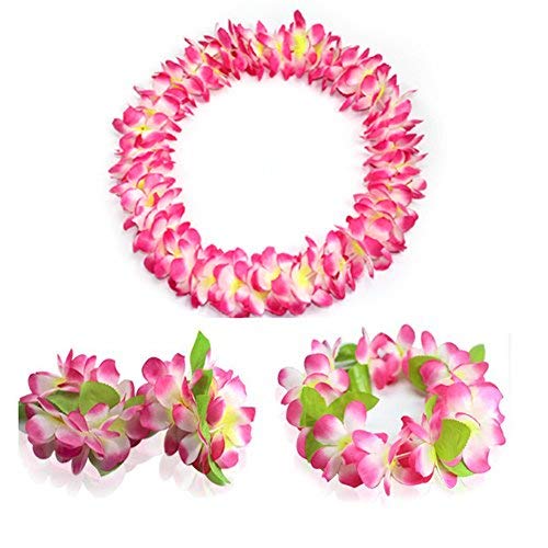 Lush Hawaiian Headpiece,Hawaiian Flower Leis Set for Adults Jumbo Necklace Bracelets Headband Set with Leaf for Hawaiian Luau Party Decoration Supplies (with Green Leaves?pink)