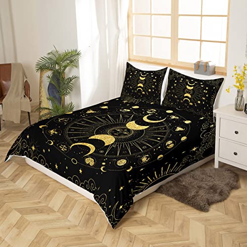 Loussiesd Black and Gold Bedding Set Constellation Duvet Cover Set Galaxy Celestial Sun and Moon Comforter Cover Decor for Home Bedroom Unique Design Bedspread Cover King Size With 2Pillowcase - Image 2
