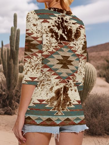 Binshre Womens Western Tops 3/4 Length Sleeve Shirts V Neck Graphic Shirts for Women Casual Tunic Blouses Cactus Desert Tees3